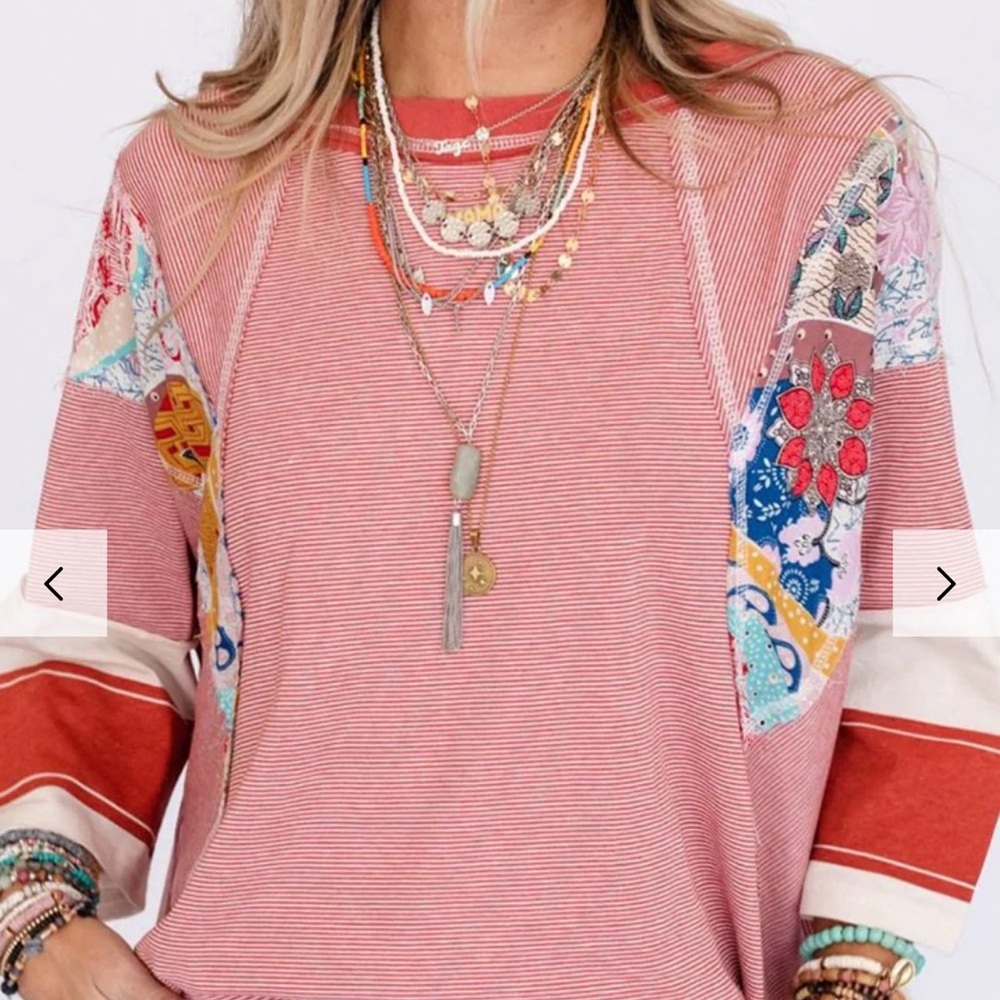 Easel Striped Floral Multicolor Patchwork Top Med… - image 1